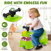 Toddler ride-on toy car in green with dinosaur design, featuring lights, sounds, and anti-slip handlebars for safe fun.