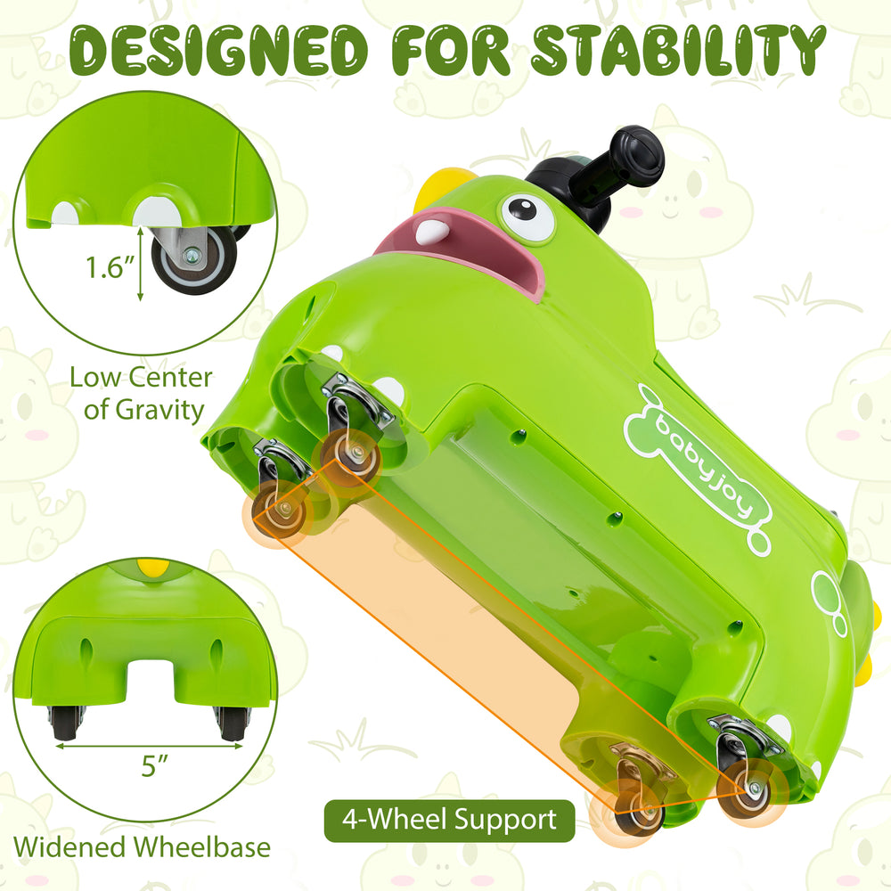 Toddler ride-on toy car in green with 4-wheel support, low center of gravity, and fun LED lights for safe indoor play.