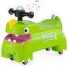 Cute green dinosaur toddler ride-on toy with lights and music, featuring a spacious seat and 360° rotating wheels.