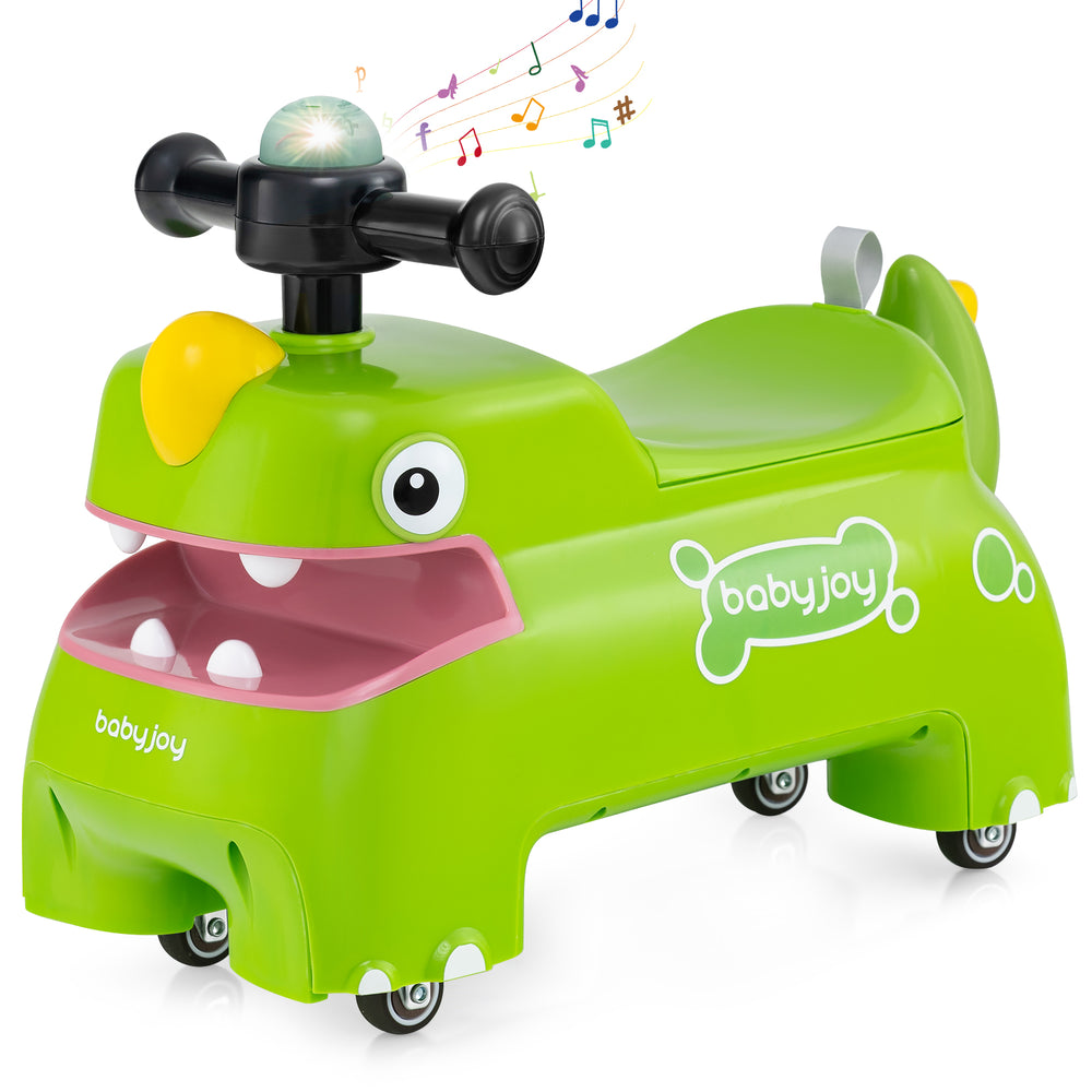 Cute green dinosaur toddler ride-on toy with lights and music, featuring a spacious seat and 360° rotating wheels.