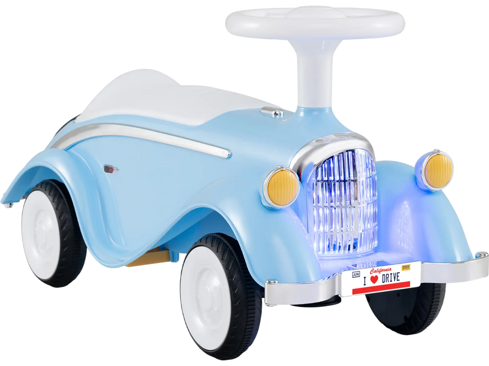 Classic blue toddler ride-on toy car with horn, LED headlights, and under-seat storage for safe indoor and outdoor fun.