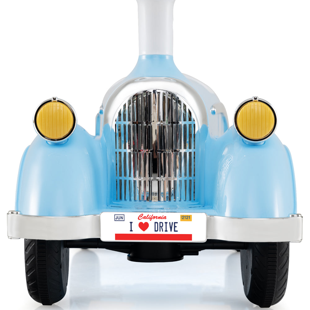 Classic blue toddler ride-on toy car with horn and LED headlights, designed for safe indoor and outdoor fun.
