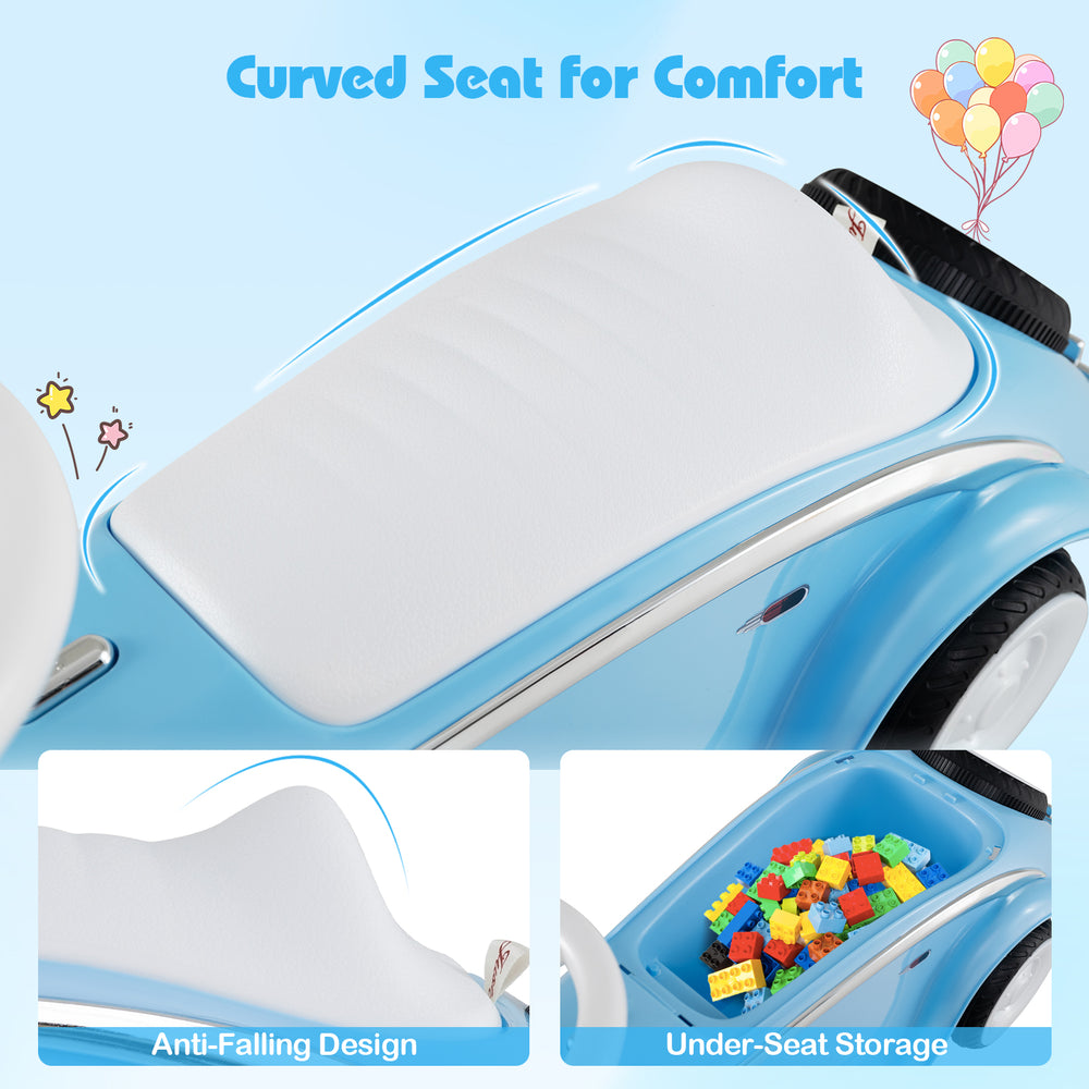 Curved white seat of the blue toddler ride-on toy with anti-falling design and under-seat storage for kids' belongings.