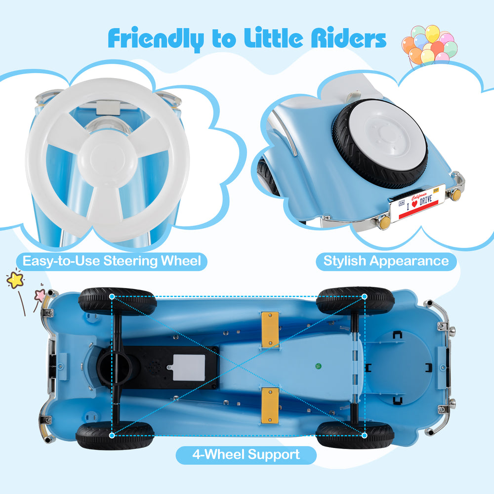 Toddler ride-on toy car in blue featuring an easy-to-use steering wheel and 4-wheel support for stability and safety.