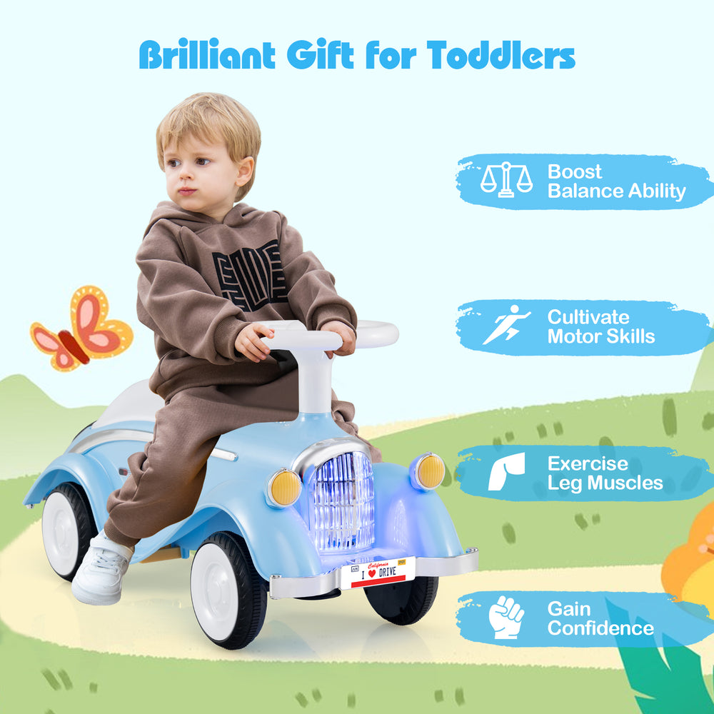 Toddler ride-on toy classic sliding car in blue with LED headlights, designed for stability and motor skill development.