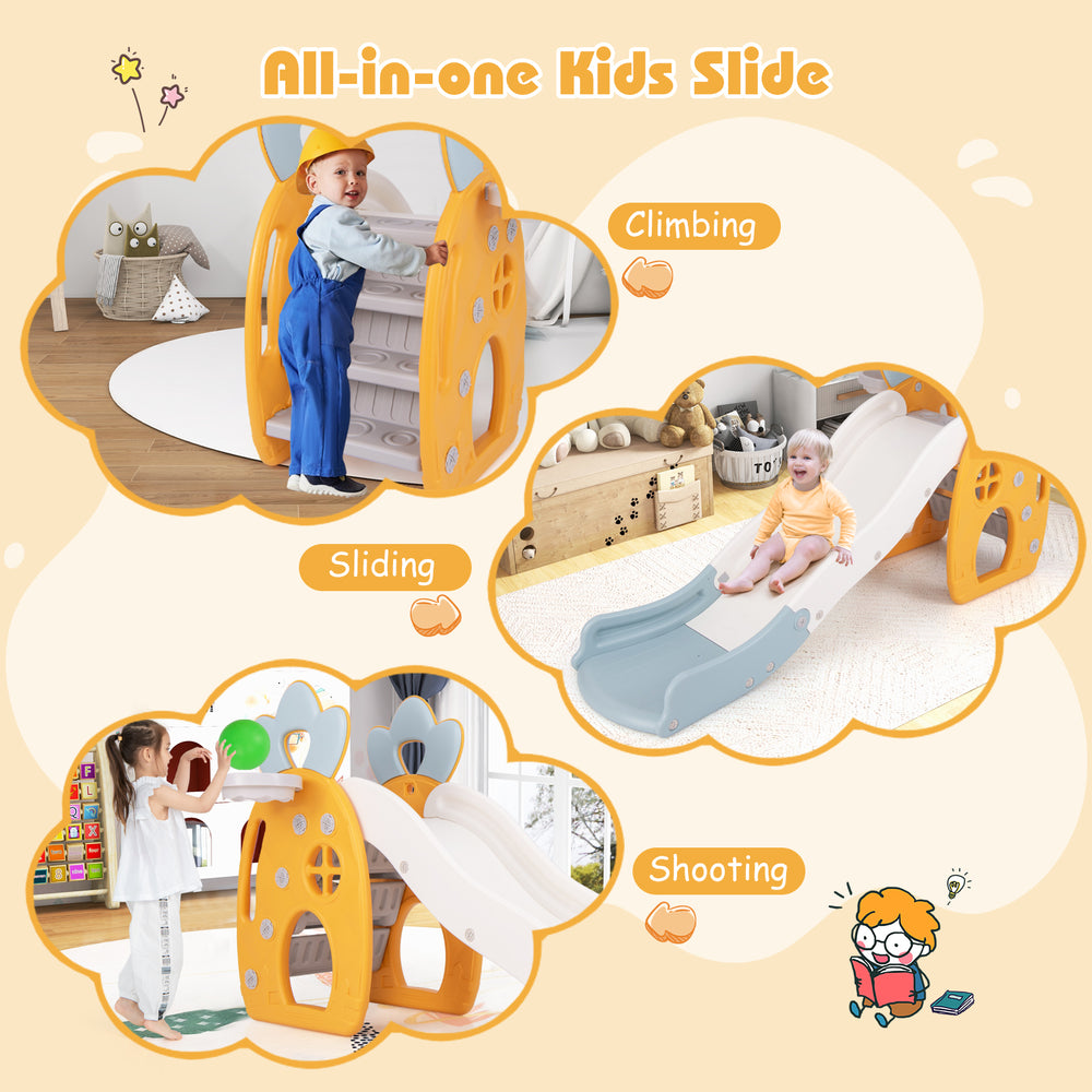 Foldable kids slide with basketball hoop, featuring climbing and sliding zones, made of BPA-free HDPE for safe indoor.
