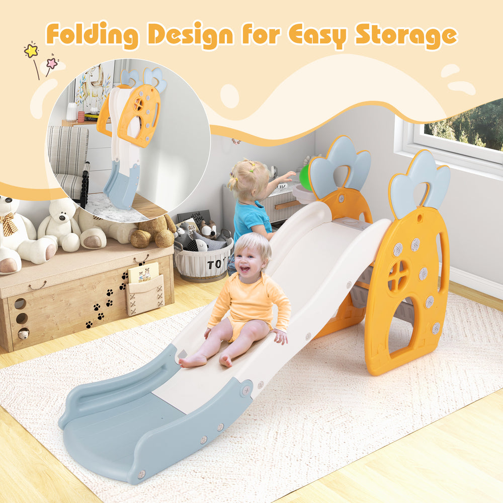 Foldable slide with basketball hoop for kids, featuring a buffer zone, made of BPA-free HDPE, perfect for indoor play.