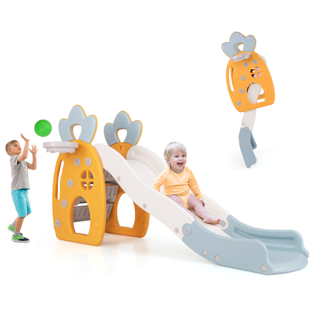 Foldable slide with basketball hoop for kids, featuring a deceleration zone and safe BPA-free HDPE material for indoor.