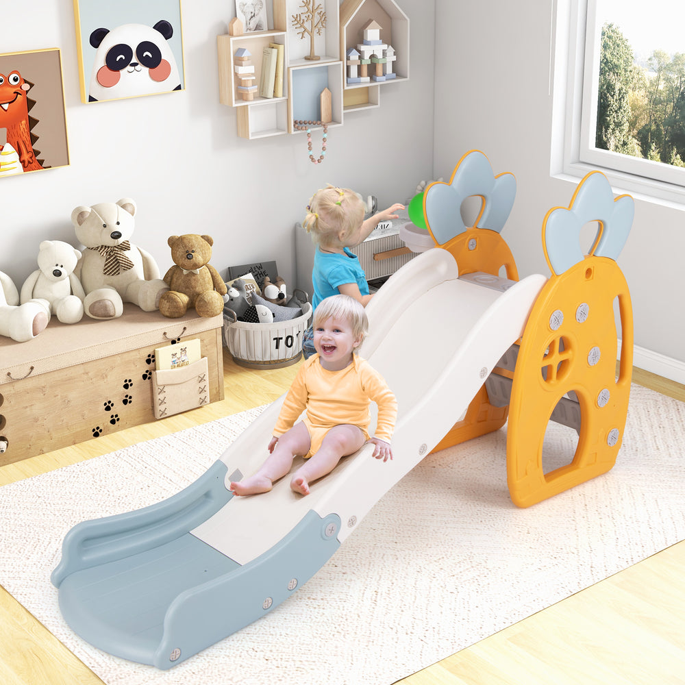 Foldable slide with basketball hoop in a kid's room, featuring a safe design and BPA-free HDPE material for indoor play.
