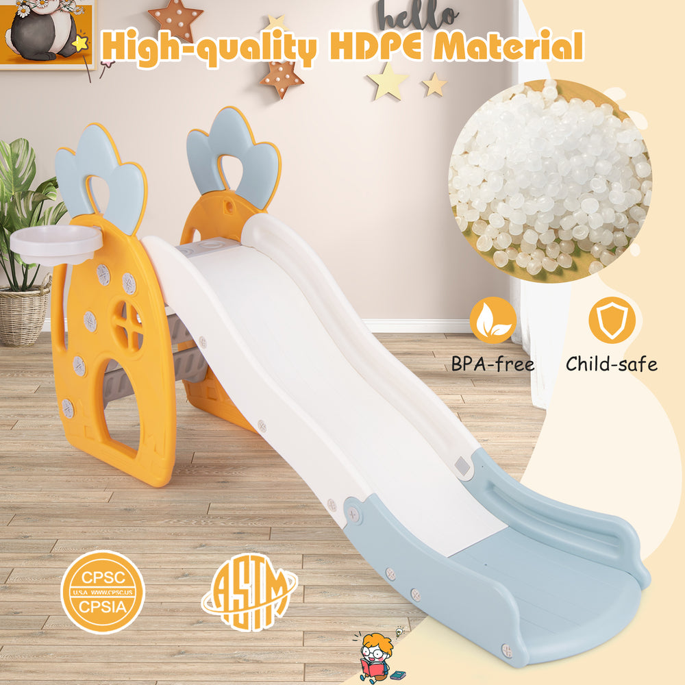 Foldable slide for kids aged 3+, made of BPA-free HDPE, featuring a basketball hoop and safe rounded corners.