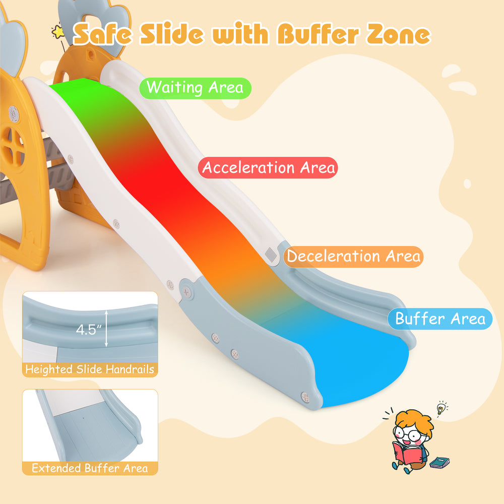 Foldable slide with buffer zone, featuring acceleration and deceleration areas, ideal for kids aged 3+ for safe indoor.