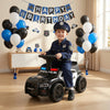 Toddler sliding police car in black with steering wheel, under-seat storage, and flashing lights for fun indoor play.