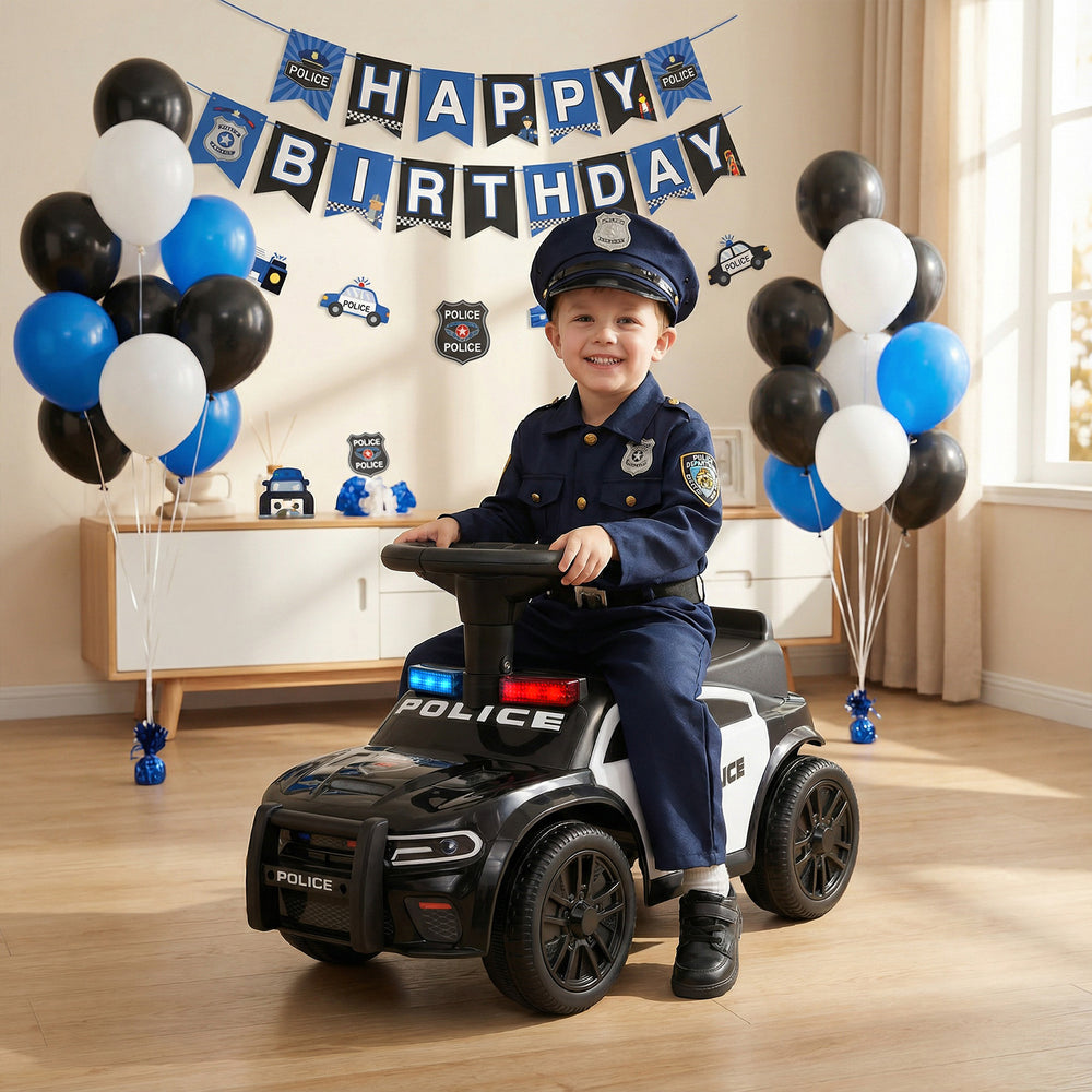 Toddler sliding police car in black with steering wheel, under-seat storage, and flashing lights for fun indoor play.