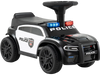 Toddler sliding police car in black with steering wheel, under-seat storage, and flashing lights for indoor and outdoor.