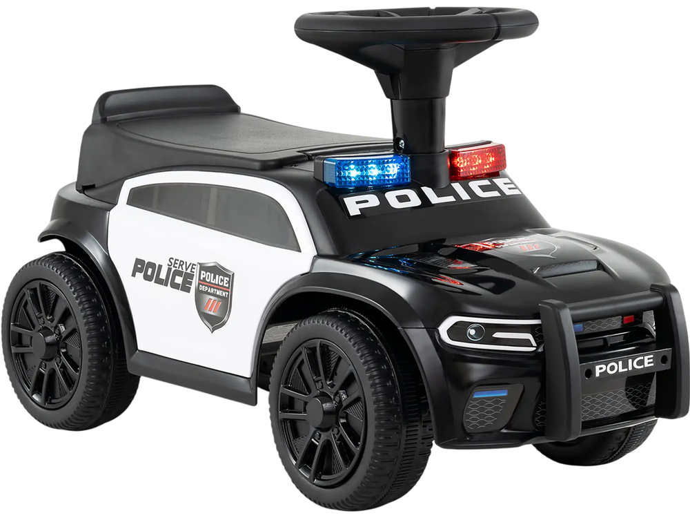 Toddler sliding police car in black with steering wheel, under-seat storage, and flashing lights for indoor and outdoor.