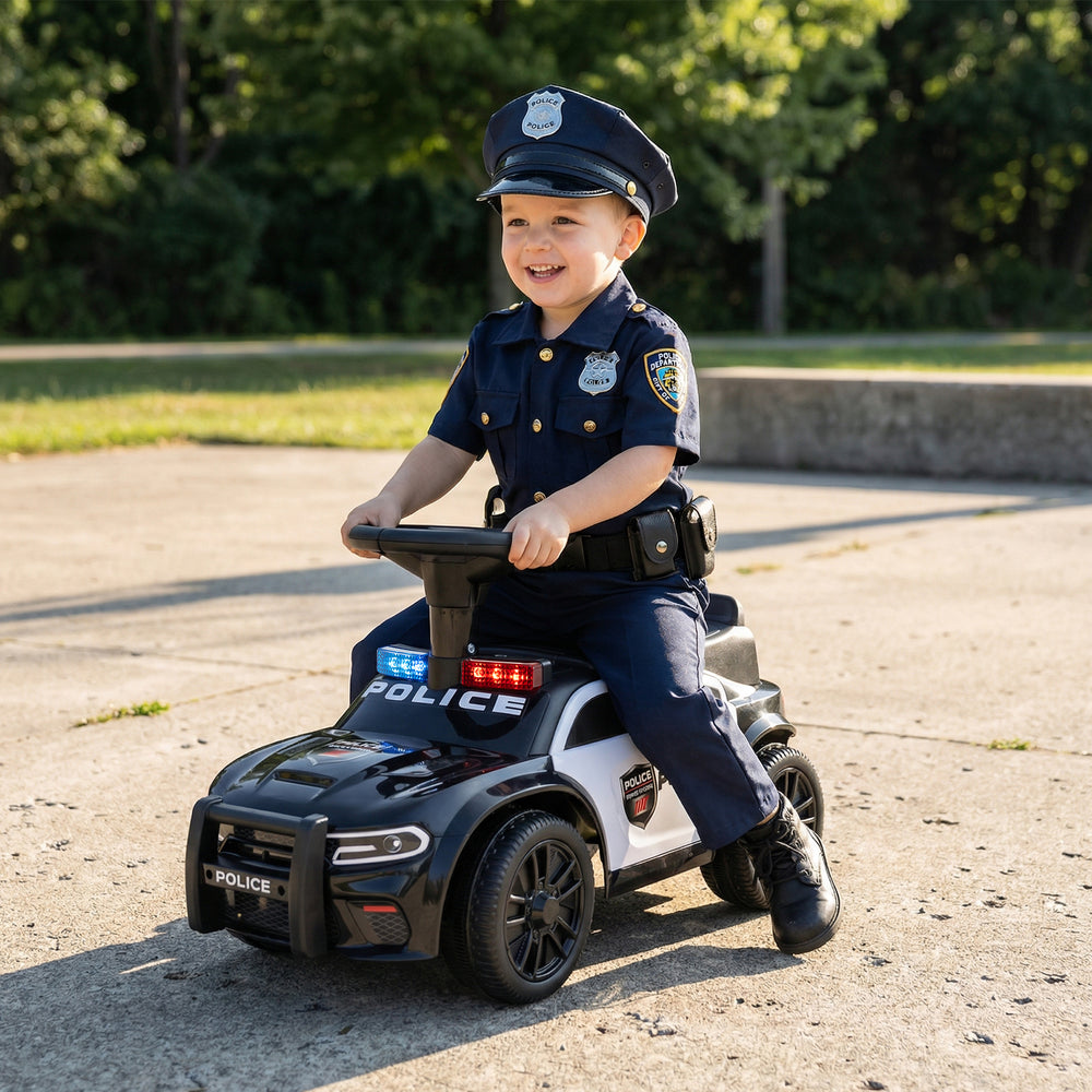 Toddler sliding police car in black, featuring a child-friendly steering wheel and siren sounds for imaginative.