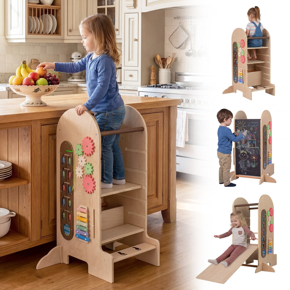 Toddler standing tower with adjustable height, slide, and chalkboard for creative play and kitchen assistance.