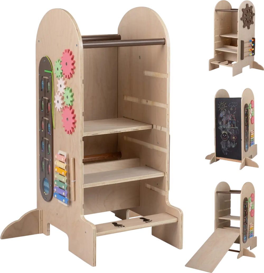 Toddler Standing Tower Kids Step Stool with Adjustable Height Chalkboard and Slide