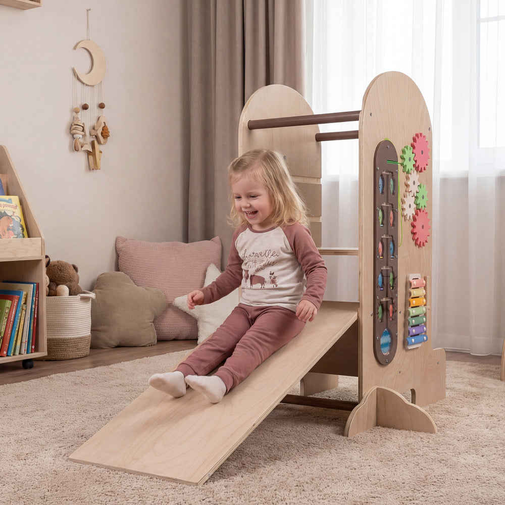Toddler standing tower with adjustable height, slide, and colorful activity features for safe, fun playtime.