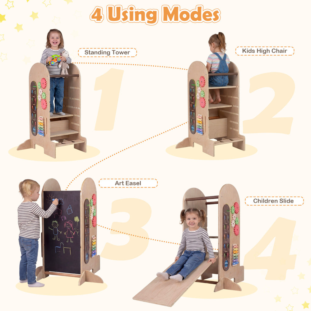 Toddler standing tower with adjustable height, slide, chalkboard, and colorful toys for versatile play and learning.