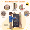 Toddler standing tower with adjustable height chalkboard, colorful abacus, and fun toys for creative play and safety.