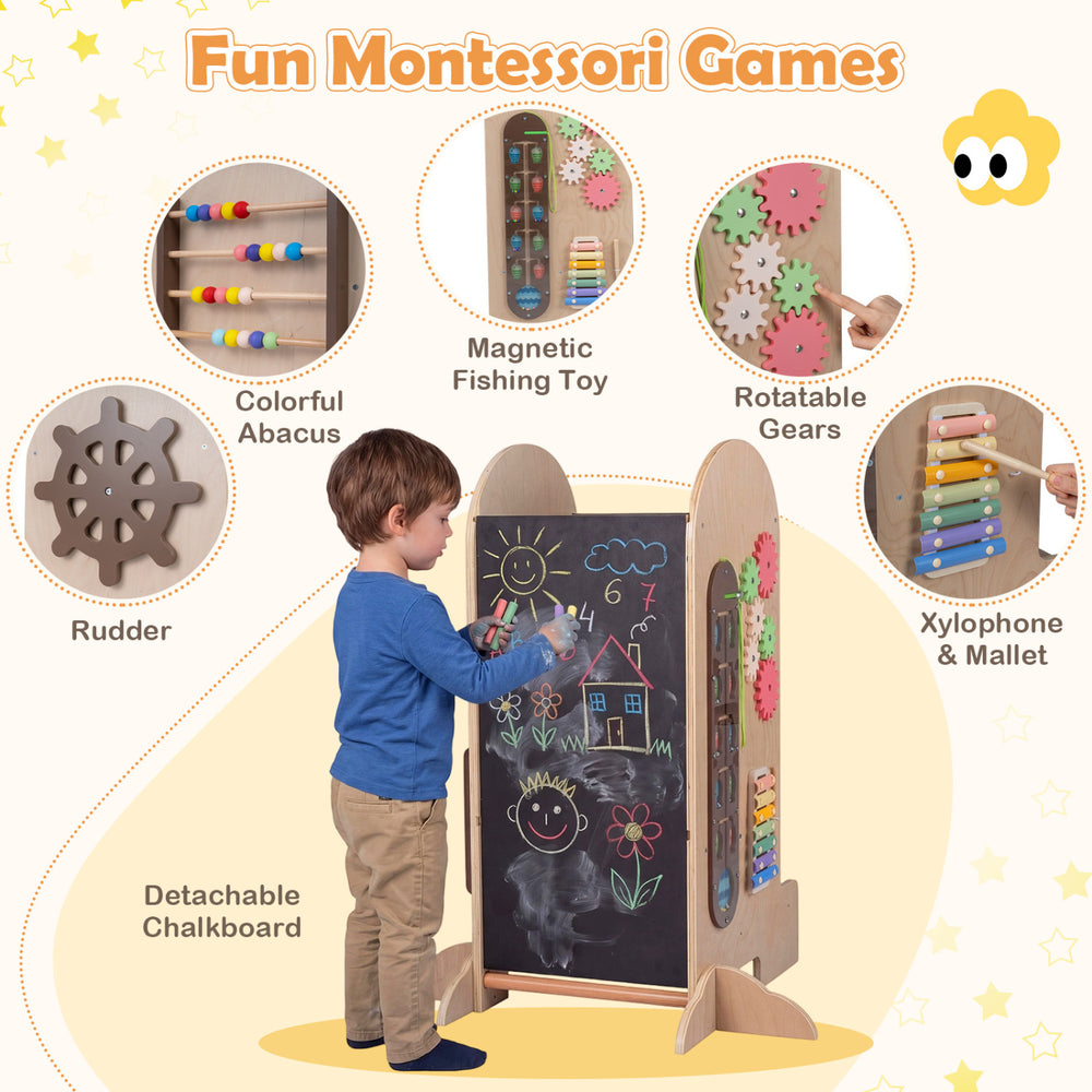 Toddler standing tower with adjustable height chalkboard, colorful abacus, and fun toys for creative play and safety.