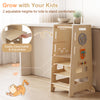 Toddler standing tower in natural wood with adjustable heights, serving as a highchair and activity center for kids.