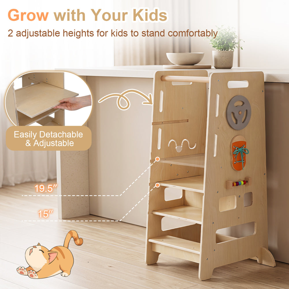 Toddler standing tower in natural wood with adjustable heights, serving as a highchair and activity center for kids.