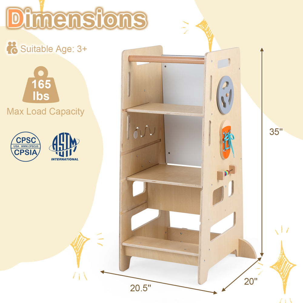 Toddler standing tower with adjustable height and blackboard, made of natural wood, supports up to 165 lbs for safe use.