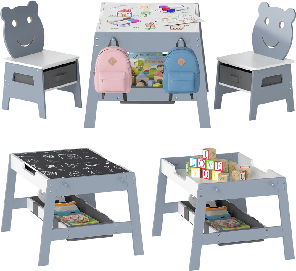 5-in-1 toddler table set with reversible chalkboard and whiteboard, featuring bear-shaped design and storage for kids'.