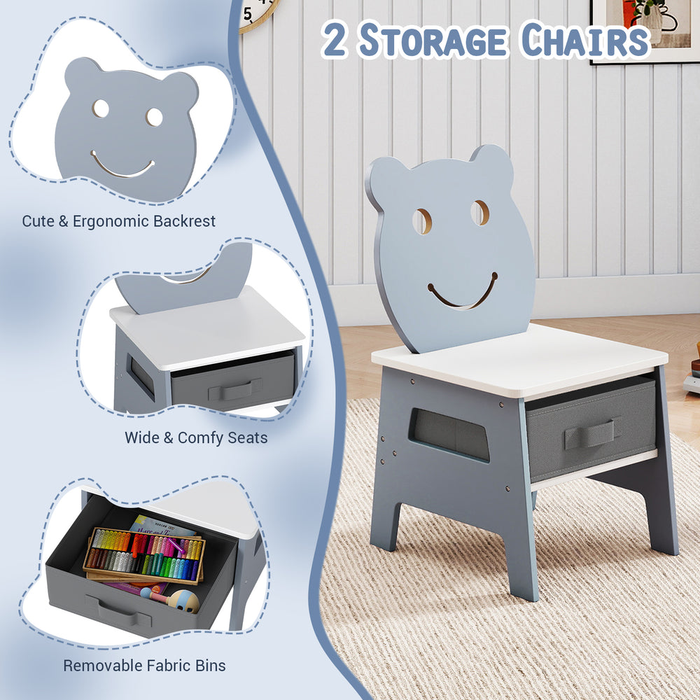 Toddler chair with bear-shaped backrest, grey color, features storage drawer and removable fabric bins for organized.