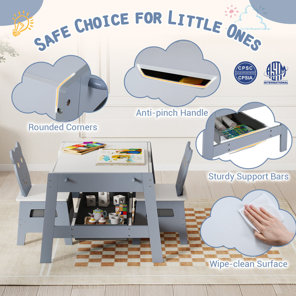 Toddler table with reversible chalkboard and whiteboard, featuring rounded corners and storage, perfect for kids'.