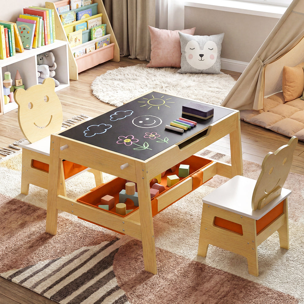 Toddler Table and 2 Chairs 5-in-1 Cute Art Desk Set with Reversible Chalkboard Whiteboard-Natural - Gallery View 1 of 10