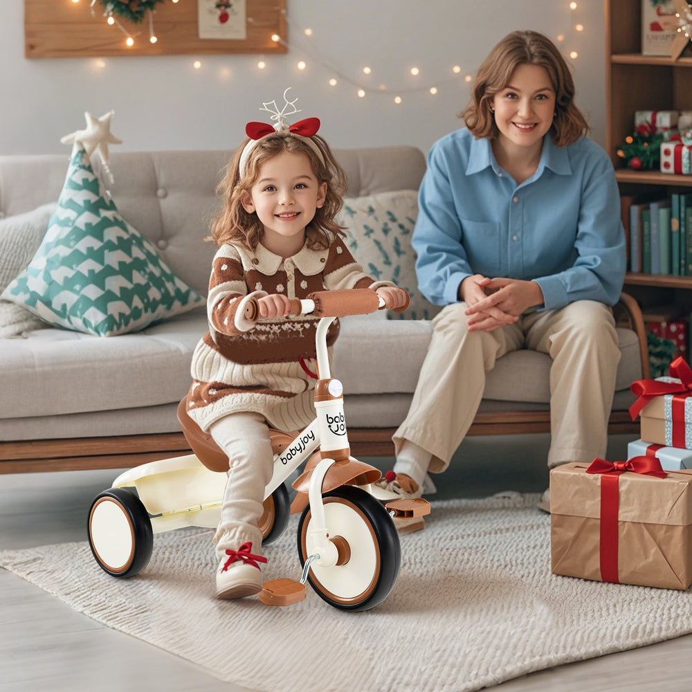 Toddler tricycle in beige with adjustable seat, ergonomic design, and rear basket for kids aged 3-5 years, perfect for.