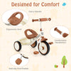 Toddler tricycle in beige with adjustable seat, ergonomic design, and rear basket for kids aged 3-5 years old.