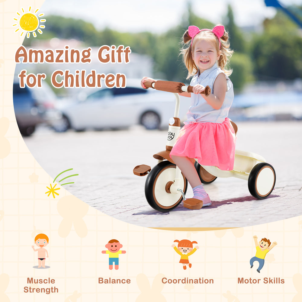 Toddler tricycle in beige with adjustable seat, designed for kids aged 3-5, promoting balance and motor skills.