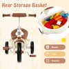 Toddler tricycle with adjustable seat and rear storage basket for books, toys, and snacks, suitable for ages 3-5 years.