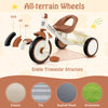Toddler tricycle in beige with adjustable seat, all-terrain wheels, and rear basket for kids aged 3-5 years old.