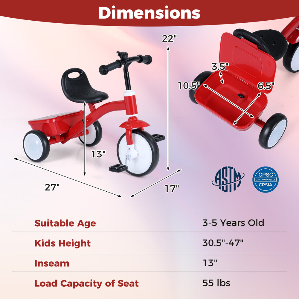 Dimension chart of the toddler tricycle showing measurements for optimal fit, adjustable seat, and load capacity of 55.
