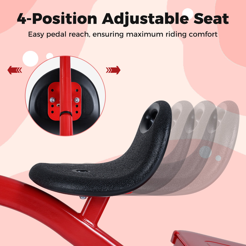 4-position adjustable seat of the toddler tricycle, designed for easy pedal reach and maximum riding comfort.