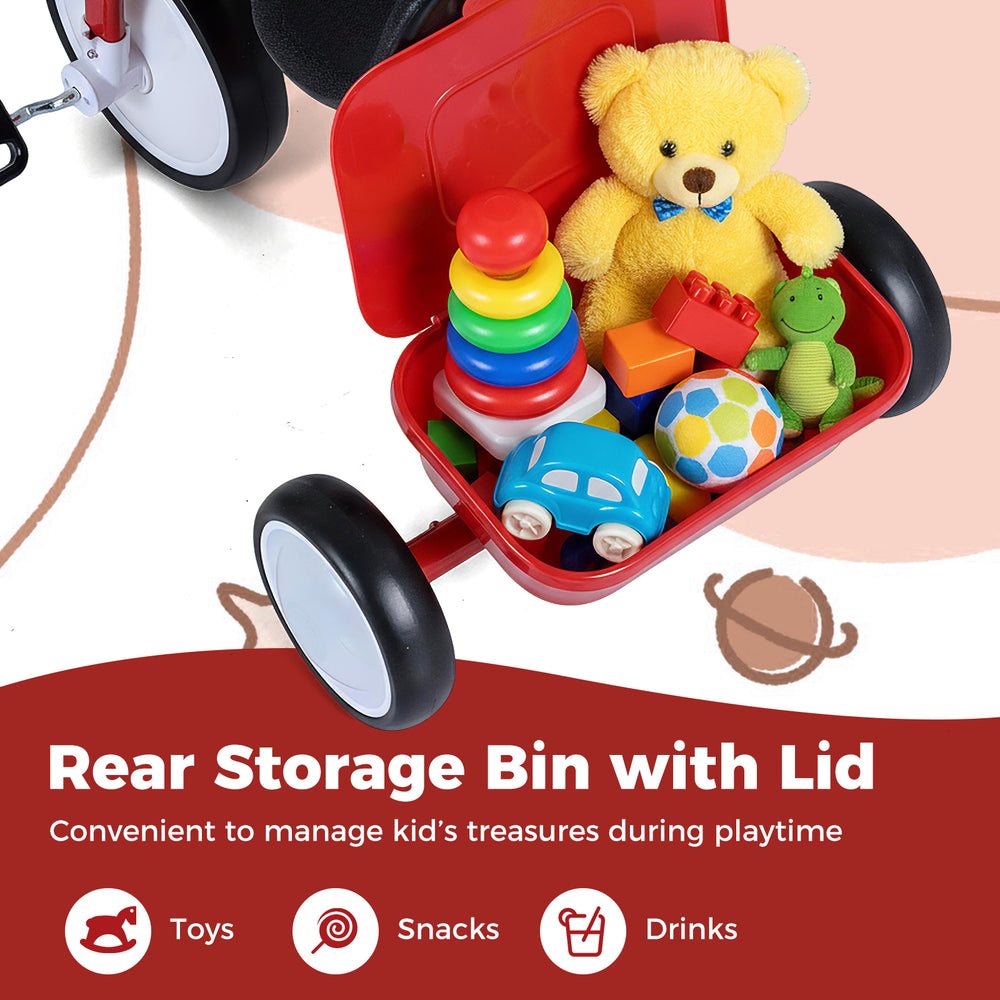 Rear storage bin with lid on a toddler tricycle, ideal for organizing toys and snacks during playtime.