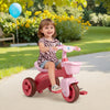 Toddler tricycle in pink with front basket and bell, designed for ages 3-5, featuring anti-slip handlebars and.