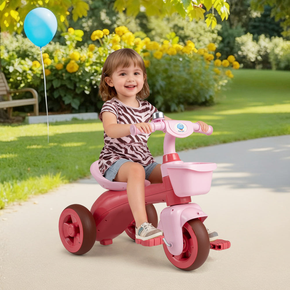 Toddler tricycle in pink with front basket and bell, designed for ages 3-5, featuring anti-slip handlebars and.