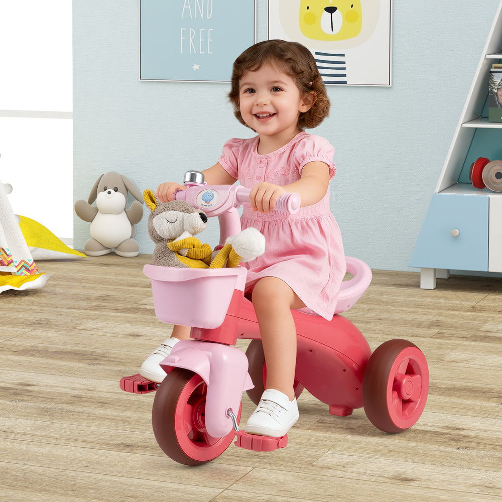 Toddler tricycle in pink with front basket, bell, and ergonomic seat, designed for kids aged 3-5 for fun riding.