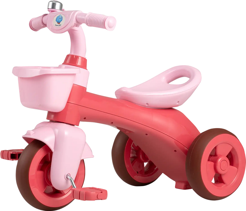 Toddler tricycle in pink with limited steering, front basket, bell, and ergonomic seat for kids aged 3-5 years.