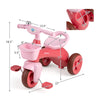 Detailed dimensions of the pink toddler tricycle with front basket and bell, designed for stability and comfort.