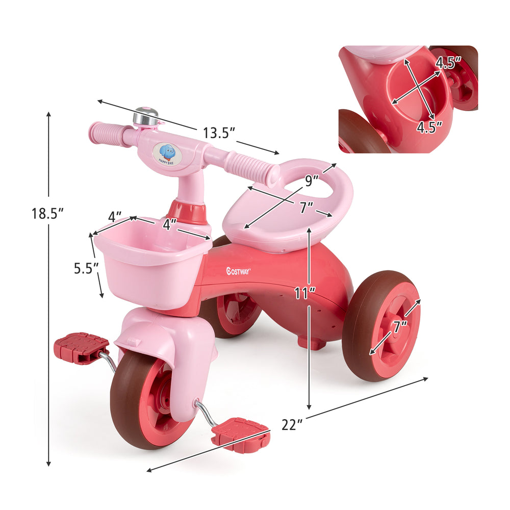 Detailed dimensions of the pink toddler tricycle with front basket and bell, designed for stability and comfort.