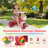 Toddler tricycle in pink with front and rear storage baskets, ergonomic seat, and anti-slip handlebars for safe rides.