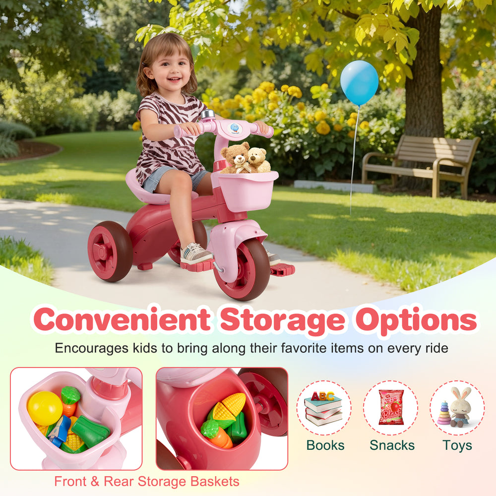 Toddler tricycle in pink with front and rear storage baskets, ergonomic seat, and anti-slip handlebars for safe rides.