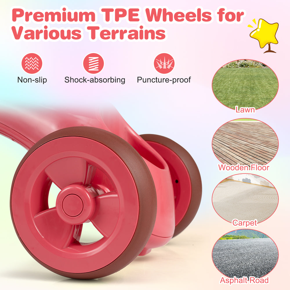 Premium TPE wheels of a pink toddler tricycle, designed for various terrains, featuring a front basket and bell.